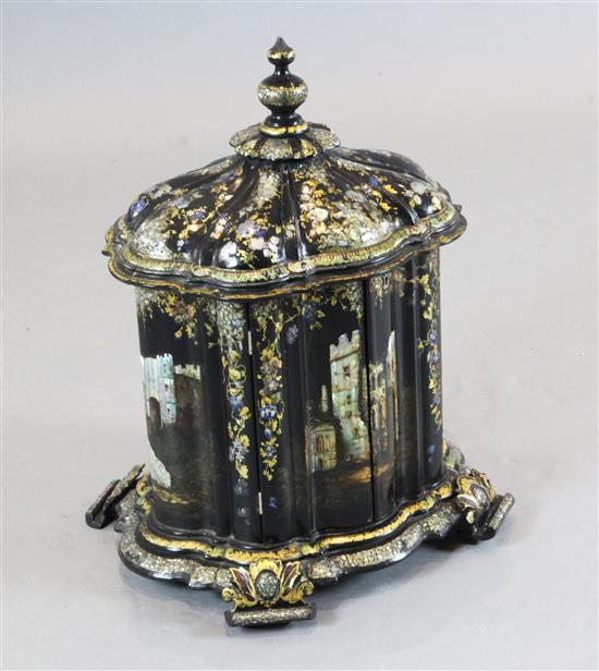 A Victorian papier mache combined jewellery and needlework casket, 17in. height 22in.